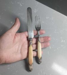 Antika Victorian 1860 lar BUXTON & CO Sheffield Gümüş Kaplama ve Kemik Saplı Kahvaltı Bıçağı ve Çatalı İngiltere