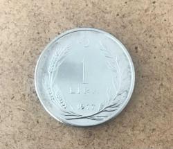 1977 CUMHURİYET MADENİ PARALARI  1 LİRA ÇİLLL KENAR YAZILARI TERS