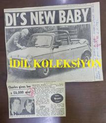 PRENSES DIANA'NIN FOTOĞRAFLI DERGİ SAYFASI - A MAGAZINE CLIPPING OF PRINCESS DIANA - 30 x 26 cm EBADINDA - PRENSES DİANA, 21. DOĞUM GÜNÜNDE MUTLU BİR OLAY BEKLİYOR... PRENS CHARLES'TAN BİR BEBEK ARABASININ TESLİMİ. - 1980'LER ÜSTÜ AÇIK FORD ESCORT OTOMOBİL - İNGİLİZCE GAZETEDEN