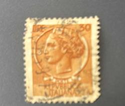 İtalya Pulu - Italy Stamp -  Postadan Geçmiş Pul Filateli - DAMGALI - SYRACUSE MADENİ PARASI TEMALI PUL, 30 PARA - YABANCI PULLAR -NOSTALJİK DOĞUM GÜNÜ HEDİYESİ