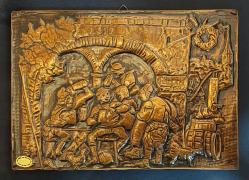 Almanya, Ortaçağ Meyhanesi Temalı Bakır Rölyefli Plaka/Pano. 1519'lar da Kentleşme Öncesi Sosyal Yaşamı Anlatan Bu Eser, Yüksek Kabartma Tekniği ile İşlenmiştir. (Mükemmel Detaylara Sahiptir.) Üst Seviyede Nitelikli Bir Atölyede Üretilmiş Orijinal El İşidir. Mükemmel Durumda ve Kendinden Çerçeveli, Arka Yüzü Siyah Kadife Kaplamalı. Sanatçı İmzalı/1987. Bakır Rölyef. (29×19×1 cm)
