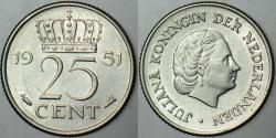 HOLLANDA 25 CENT 1951 KRALİÇE JULIANA DÖNEMİ.