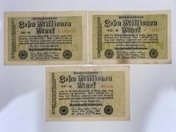 Almanya 1923 Weimar Cumhuriyeti 10 Milyon Mark (3 Adet) - Hiperenflasyon Dönemi
