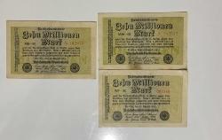 Almanya 1923 Weimar Cumhuriyeti 10 Milyon Mark (3 Adet) - Hiperenflasyon Dönemi