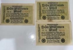 Almanya 1923 Weimar Cumhuriyeti 10 Milyon Mark (3 Adet) - Hiperenflasyon Dönemi