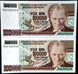 7. EMİSYON 2' Li LOT 100.000 lira SERİ TAKİPLİ (Çil KONDİSYONDA) RESİMDEKİ ÜRÜ GÖNDERİLECEKTİR ( 278   )