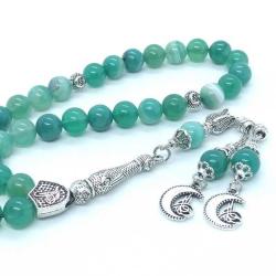 8 mm Parlak Yeşil Akik Taşlı, Ay-Yıldız / Tuğralı 33'lü Tespih