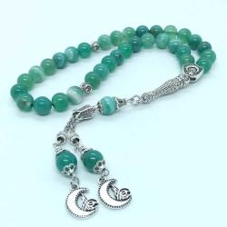 8 mm Parlak Yeşil Akik Taşlı, Ay-Yıldız / Tuğralı 33'lü Tespih