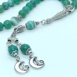 8 mm Parlak Yeşil Akik Taşlı, Ay-Yıldız / Tuğralı 33'lü Tespih