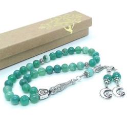 8 mm Parlak Yeşil Akik Taşlı, Ay-Yıldız / Tuğralı 33'lü Tespih