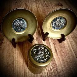 60lar dönemi gümüşlü Çok Nadir Bronz Yunan 3 parça takım obje, KOLEKSİYONLUK