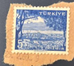 Türk Pulu - Turkish Stamp -  Mektup Zarfından Kesilmiş /Postadan Geçmiş Pul Filateli - 1960 DAMGALI - İZMİR İLİ MANZARASI TEMALI PUL, 5 PARA -  Türkiye Cumhuriyeti - NOSTALJİK DOĞUM GÜNÜ HEDİYESİ