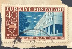 Türk Pulu - Turkish Stamp - Mektup Zarfından Kesilmiş /Postadan Geçmiş Pul Filateli - Damgalı - SİYASAL BİLGİLER FAKÜLTESİNİN 100. YILI 1959 , 40 KURUŞ - Türkiye Cumhuriyeti - NOSTALJİK DOĞUM GÜNÜ HEDİYESİ