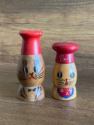 Ahşap Dekoratif Kedi Tuzluk Biberlik