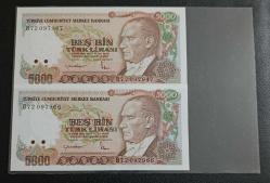 7. EMİSYON B SERİSİ FİLİGRAN FARKLI TAKIM 2.TERTİP 5000 LİRA ÇİL KONDİSYONDA