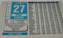 27 Şubat 1997-Orijinal Takvim Yaprağı-Doğum Günü-Söz,Nişan,Nikâh,Düğün ve Önemli Günler Hediyesi-Hicret Takvimi-Ayet(Hadis)-(A'raf/147)-Çaykara'nın Kurtuluşu(1918)-Dönüşü Düşünmüyorum-Esma'ül Hüsna'dan-Özel Haller-Hikmetler