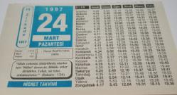 24 Mart 1997-Orijinal Takvim Yaprağı-Doğum Günü-Söz,Nişan,Nikâh,Düğün ve Önemli Günler Hediyesi-Hicret Takvimi-Ayet(Hadis)-(Bakara-154)-Harun Reşit'in Vefatı(809)-Hz.İbrahim(A.S)-Ümmü Gülsüm(R.Anha)-Hz.Ömer(r.a.)