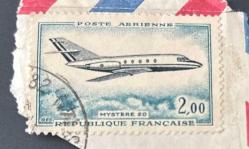 Fransa Pulu - France Stamp - Mektup Zarfından Kesilmiş  / Postadan Geçmiş Pul Filateli - Damgalı - UÇAK TEMALI FRANSA PULU, 2.00 PARA - YABANCI PULLAR -NOSTALJİK DOĞUM GÜNÜ HEDİYESİ