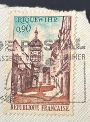 Fransa Pulu - France Stamp - Mektup Zarfından Kesilmiş /Postadan Geçmiş Pul Filateli -  Damgalı - Riquewihr Alsace Köyü Kapı Kulesi Temalı Pul, 0.90 PARA - YABANCI PULLAR -NOSTALJİK DOĞUM GÜNÜ HEDİYESİ