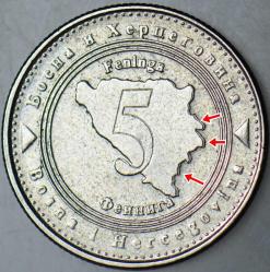BOSNA HERSEK 5 FENİNGA 2005 HATALI BASIM-ÇİFTE DARP ERRÖRLÜ.