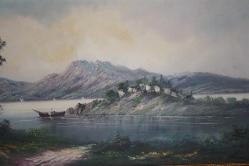 İMZALI YAĞLI BOYA TABLO ANTİKA COK ESKİ BİR MANZARA DETAYLAR RESIMLERDE    (CD ODA