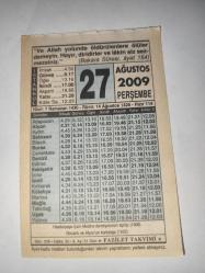 27 Ağustos  2009-Orijinal Takvim Yaprağı-Doğum Günü-Söz,Nişan,Nikâh,Düğün ve Önemli Günler Hediyesi-Fazilet Takvimi-Ayet(Hadis)(Bakara Suresi, ayet 154)-Haydarpaşa-Şam-Medine demiryolun açılışı (1908)-Şehidlerin Fazileti