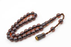 Hakkı Usta İmzalı Küre Kesim Bilek Boy Kahverengi Sıkma Kehribar Tesbih