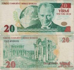 ** 8. EMİSYON 20 YTL C65 YENİ TÜRK LİRASI. Alt kenarda 0,5 cm yırtık ÇOK TEMİZ(-)