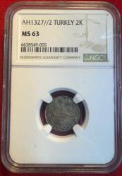 OSMANLI V.MEHMED REŞAD  1909-1918 ( AH 1327-1336) 2 KURUŞ GÜMÜŞ  1327/2 MS 63