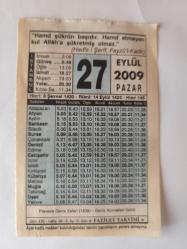 27 Eylül 2009-Orijinal Takvim Yaprağı-Doğum Günü-Söz,Nişan,Nikâh,Düğün ve Önemli Günler Hediyesi-Fazilet Takvimi-Ayet(Hadis)(Hadis-i Şerif, Feyzü'l-Kadir)-Preveze Deniz Zaferi (1538)-Helal Ve Haram