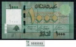 Lübnan 1000 Livre Tam Radar Seri 3333333 2012 Çil