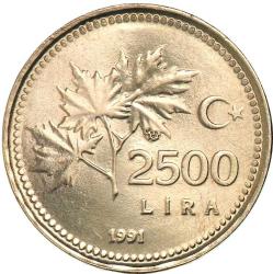 Türkiye Cumhuriyet 1991 Yılı 2500 Lira Kenar Yazısı Turaya Göre Ters  (0265)