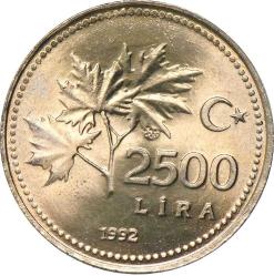 Türkiye Cumhuriyeti 1992 Yılı 2500 Lira Kenar Yazısı Turaya Göre Ters (0023)