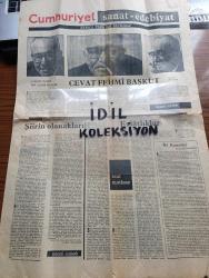 Cumhuriyet Sanat Edebiyat Gazetesi - Turkish Newspaper - Nisan 1971 - şiirin olanakları yazan Necati Cumalı - İki Kemaller yazan Françoise Wagener - çağın tanığı bir yazar olarak Cevat Fehmi Başkut fotoğraflar Ara Güler - evlatlıklar yazan Rauf Mutluay - hikayemizde iki yeni imza yazan Adnan Özyalçıner - hikaye büyük ödülünü kazanan iki sanatçı Osman Şahin ve Ümit İlhan Kaftancıoğlu Adnan Özyalçıner'in sorularını cevaplandırırken fotoğraf - Ökkeş ve Maraş'ın destanı'ndan yazan Gülten Akın - şafağın demircisi  yazan Tekin Sönmez - felsefenin sefaleti üzerine - TRT'de resim heykel yazan Sezer Tansuğ - Şikago mezbahası yazan Salah Birsel - Milli Eğitim bakanlığı yayınlarından 1000 Temel Eser Serisi - dergiler arasında yazan Fikret Kaynakçı - Tomris Uyar İpek ve Bakır yayınevinde - Kemal Tahir sağır dere bilgi yayınevinde - Aziz Nesin ölmüş eşek bilgi yayınevinde - Çetin Altan kopuk kopuk bilgi yayınevinde - Kemal Tahir kördüman bilgi yayınevinde - Füruzan parasız yatılı bilgi yayınevinde