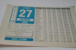 27 Haziran 1997-Orijinal Takvim Yaprağı-Doğum Günü-Söz,Nişan,Nikâh,Düğün ve Önemli Günler Hediyesi-Hicret Takvimi-Ayet(Hadis)-(Hicr 9)-Sokullu'nun Sadrazam Olması(1565)-Hz. Ebu Bekir(r.a.)'in İlk Hutbesi-Soru Cevap-Mevlana