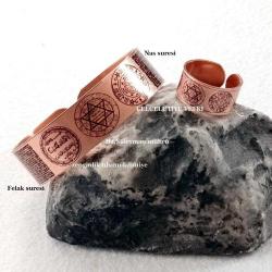 Bakır el işçilikli lüks bilezik ve yüzük set - süleyman mührü,celcelütiye, felak suresi,nas suresi,zenginlik tılsımı lahutiye yazılı