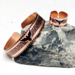 Bakır el işçilikli lüks bileklik ve yüzük, bay ve bayan