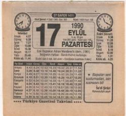 17 Eylül 1990 Takvim Yaprağı EFM(N)2872