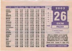 26 Ekim 2003 Takvim Yaprağı EFM(N)3728
