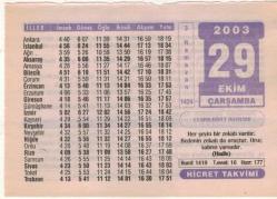 29 Ekim 2003 Takvim Yaprağı EFM(N)3731
