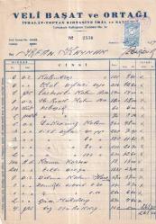 VELİ BAŞAT VE ORTAĞI İTHALAT-TOPTAN KIRTASİYE İMAL VE SATIŞ EVİ İSTANBUL.1954 FATURA