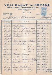 VELİ BAŞAT VE ORTAĞI İTHALAT-TOPTAN KIRTASİYE İMAL VE SATIŞ EVİ İSTANBUL.1954 FATURA