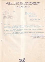 Musevi İş Adamı - LEON HİSARLI MAHTUMLARI ARMAN VE ROJE HİSARLI KOLLEKTİF ŞİRKETİ 1954 ISLAK İMZALI İŞ YERİ YAZIŞMASI