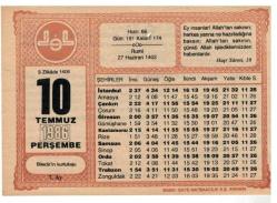 10 Temmuz 1986 Takvim Yaprağı EFM1056