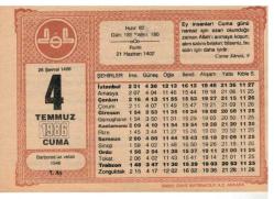 4 Temmuz 1986 Takvim Yaprağı EFM1057