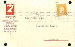 Antiye - 1940 7 Gün Neşriyatı (Karagöz, Karikatür, Ev Doktoru) İş Yeri Kartı Postadan Geçmiş Antiye EFM7512