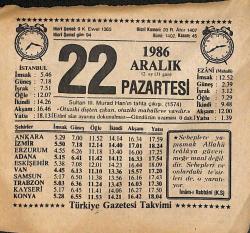 22 Aralık 1986 Takvim Yaprağı - Doğum Günü Hediyesi EFMN14851