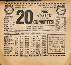 20 Aralık 1986 Takvim Yaprağı - Doğum Günü Hediyesi EFMN14853