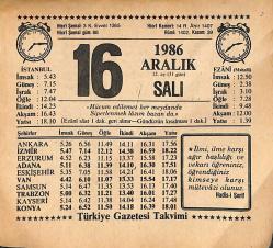 16 Aralık 1986 Takvim Yaprağı - Doğum Günü Hediyesi EFMN14857
