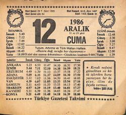 12 Aralık 1986 Takvim Yaprağı - Doğum Günü Hediyesi EFMN14861